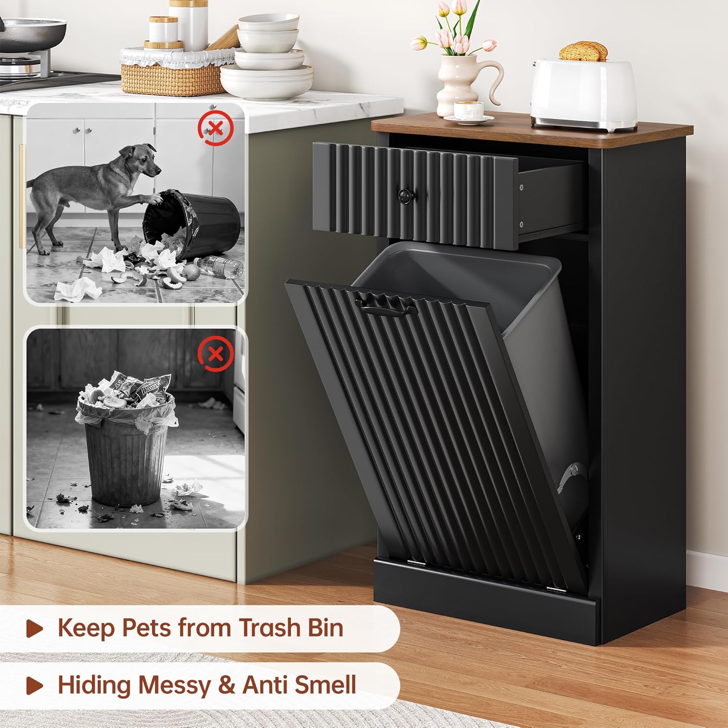 Tilt Out Trash Can Cabinet 10 Gallon, Wooden Laundry Hamper with Hideaway Drawer, Recycling Trash Can Storage for Kitchen Laundry Living Room (Black, 10 Gallon)