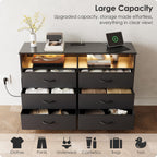 6 Drawer Dresser for Bedroom with LED Lights and Charging Station, Modern Wood Dressers with Extra Side Bag, Double Wide Drawer Cabinet TV Stand for up to 60" TV for Living Room (Black)