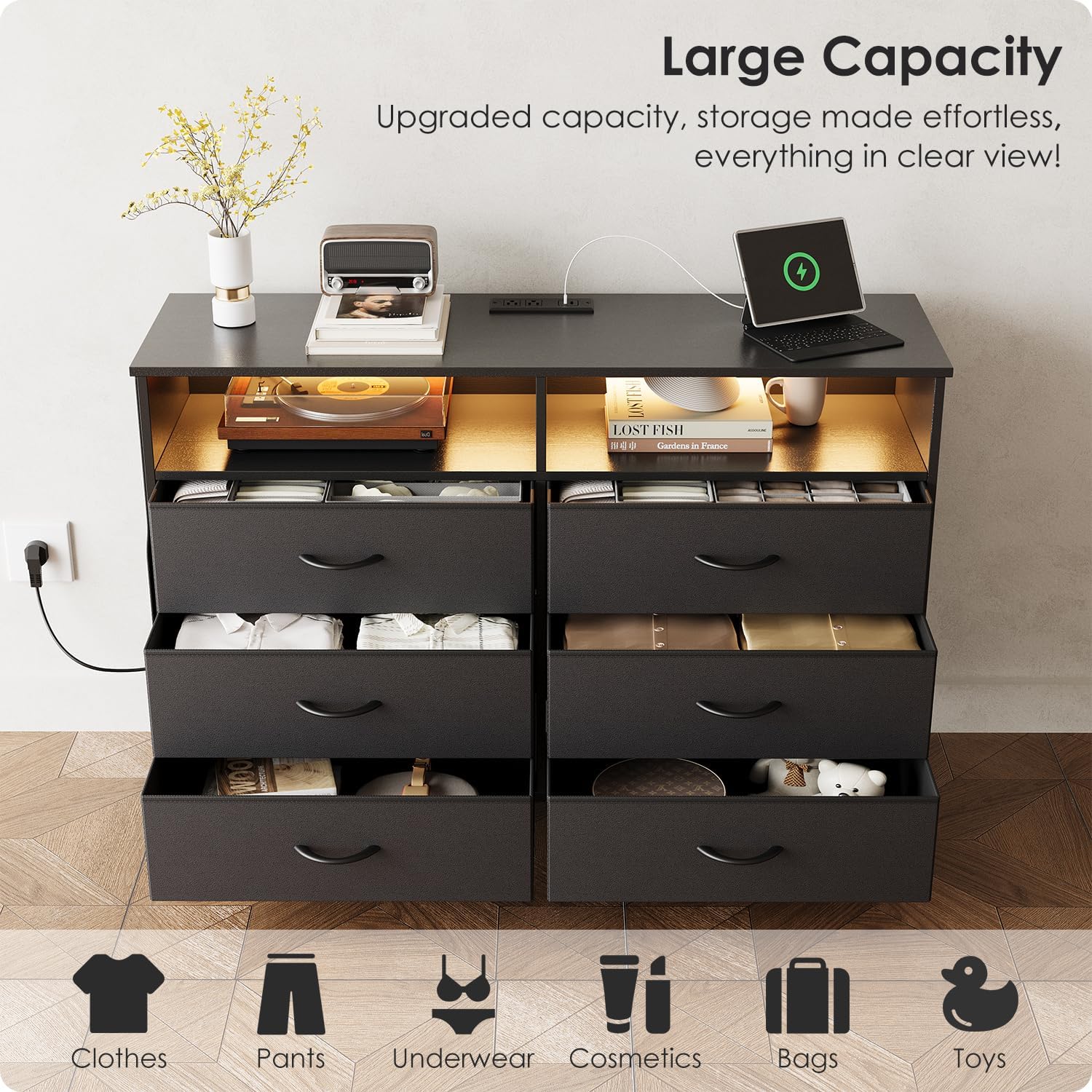 6 Drawer Dresser for Bedroom with LED Lights and Charging Station, Modern Wood Dressers with Extra Side Bag, Double Wide Drawer Cabinet TV Stand for up to 60" TV for Living Room (Black)