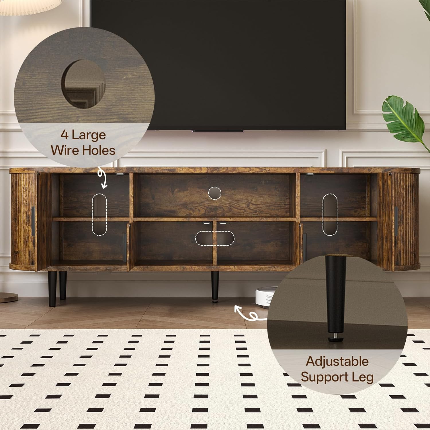 70" Fluted TV Stand, Mid Century Modern TV Stand for TVs up to 80", Entertainment Center with Storage, Adjustable Shelves, Wood Media Console for Living Room, Bedroom,Rustic Brown