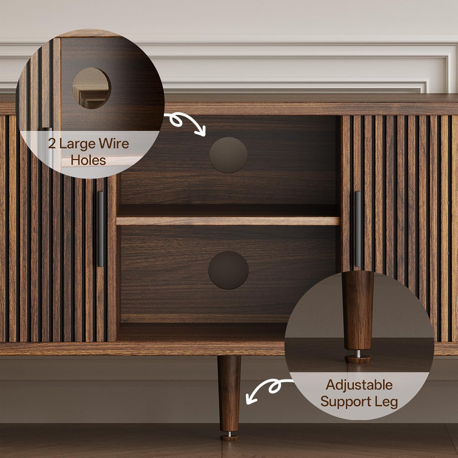 62" Fluted TV Stand, Mid Century Modern TV Stand for TVs up to 70", Entertainment Center with Storage, Sliding Doors, Adjustable Shelf, Wood Media Console for Living Room, Bedroom, Walnut