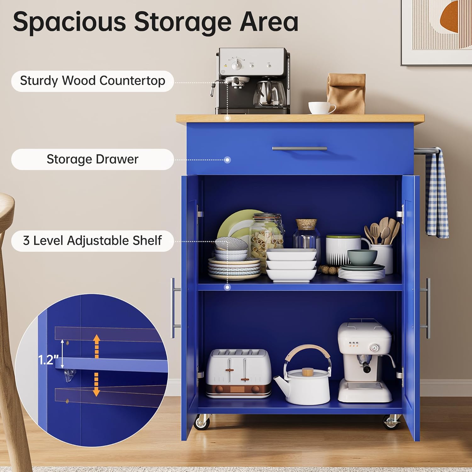 Kitchen Island Cart with Storage, Small Kitchen Island on Wheels with Large Drawer, Adjustable Shelf & Towel Rack, Rolling Island Table for Kitchen & Dining Room, Blue