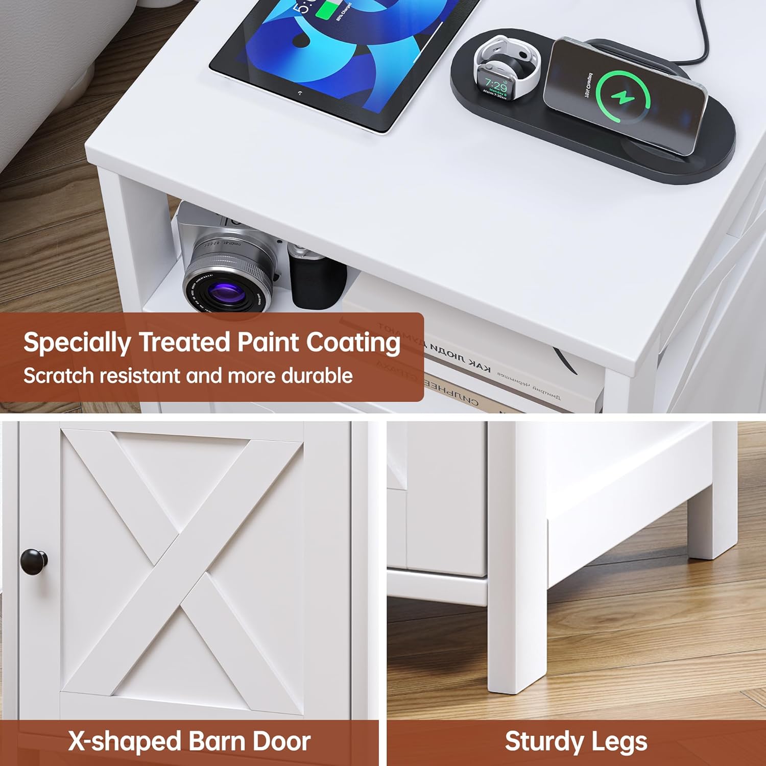 Farmhouse Nightstand with Charging Station and Barn Door, Bedside Table with Open Compartment and Storage, Side End Table for Bedroom, White