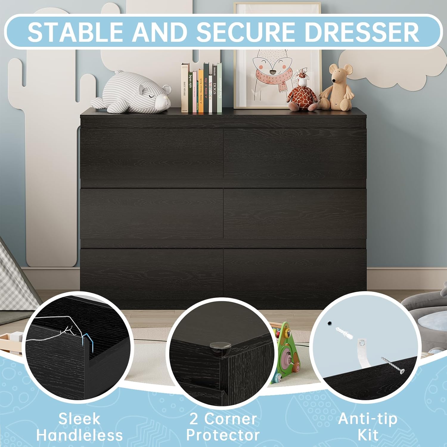 Black Wood Dresser, 6 Drawer Dressers for Clothes Storage for Bedroom, Modern Dresser with Wide Drawers, Wide Wooden Chest Drawers for Living Room|Entryway|TV Stand(47" W x15.4 Dx32.3 H)