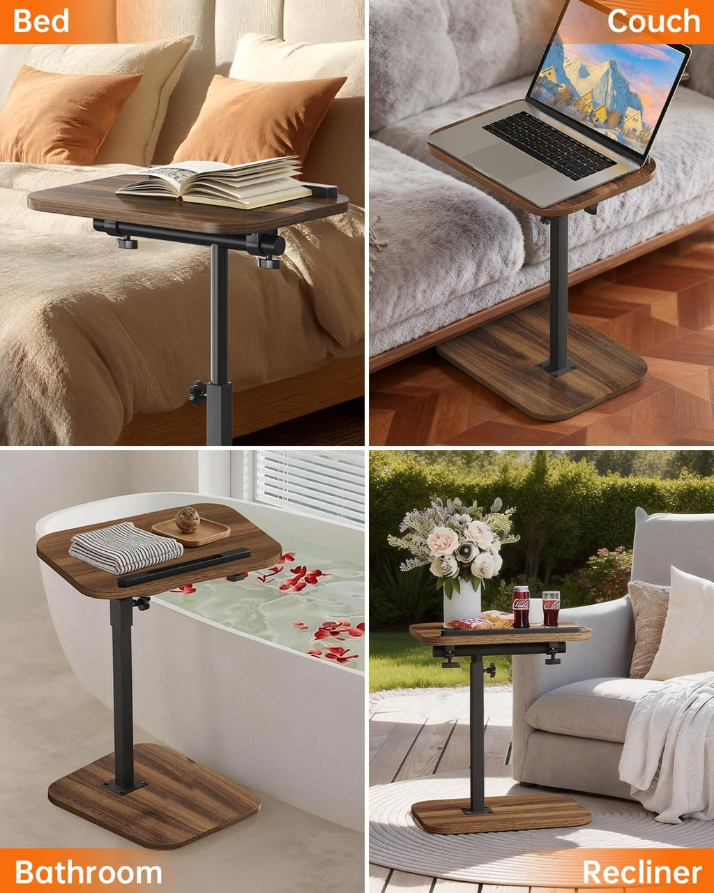 C Shaped End Table with Adjustable Height & 360° Swivel Top, Side Table & TV Tray Table for Living Room, Bedroom, Small Spaces, Walnut