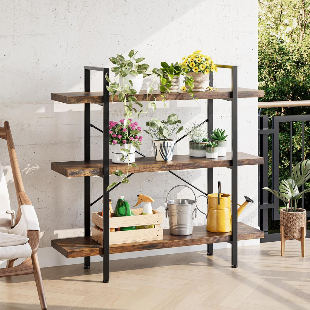 Heavy Duty 3-Tier Industrial Bookcase, 39" Wide Wood Bookshelf for Home Office, 120lbs Shelf Capacity, Rustic Open Shelving Display with Reinforced Horizontal Shelf for Living Room Bedroom