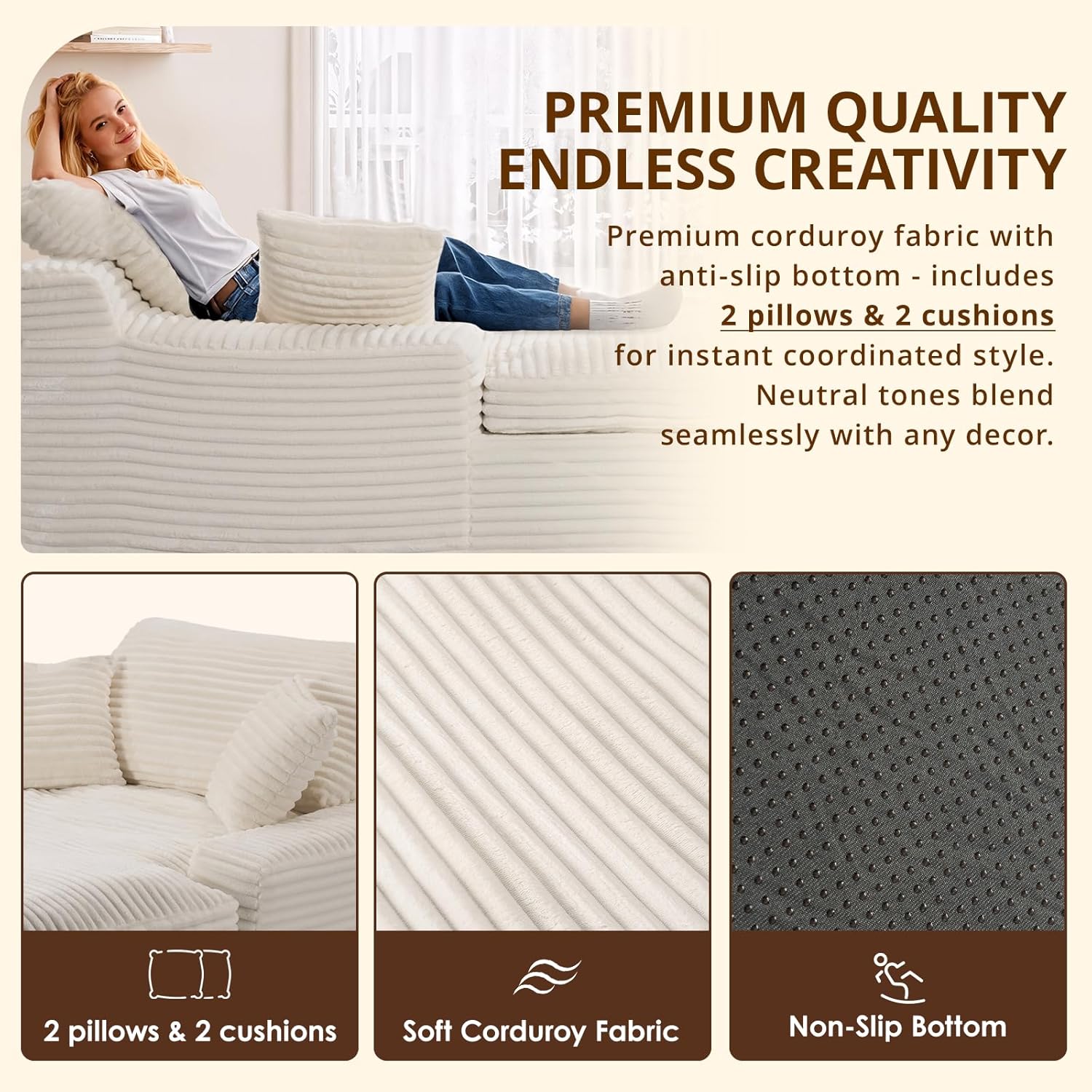 Oversized Chaise Lounge Chair, 57.5'' Deep Seat with 6'' Thick Cushion, Upholstered Sleeper Sofa with Pillows, Comfy Lounge Chair for Tall Adults, Living Room or Bedroom(White)
