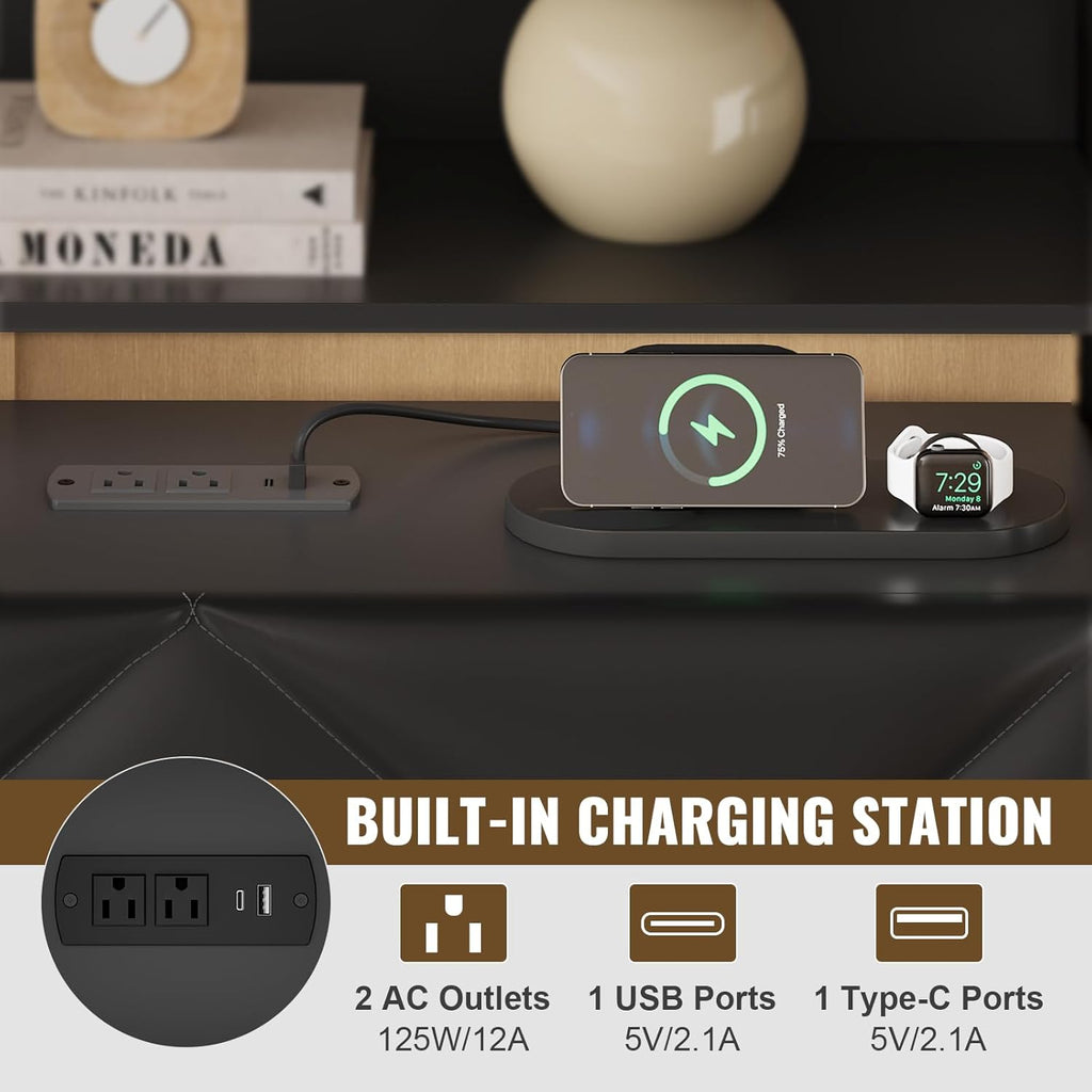 Headboard Queen Size with 2-Tier Open Space and Pull-Out Hidden Storage, Upholstered Headboard with Charging Station, Height Adjustable Sturdy Queen Bed Head Only, Easy Assembly, Black