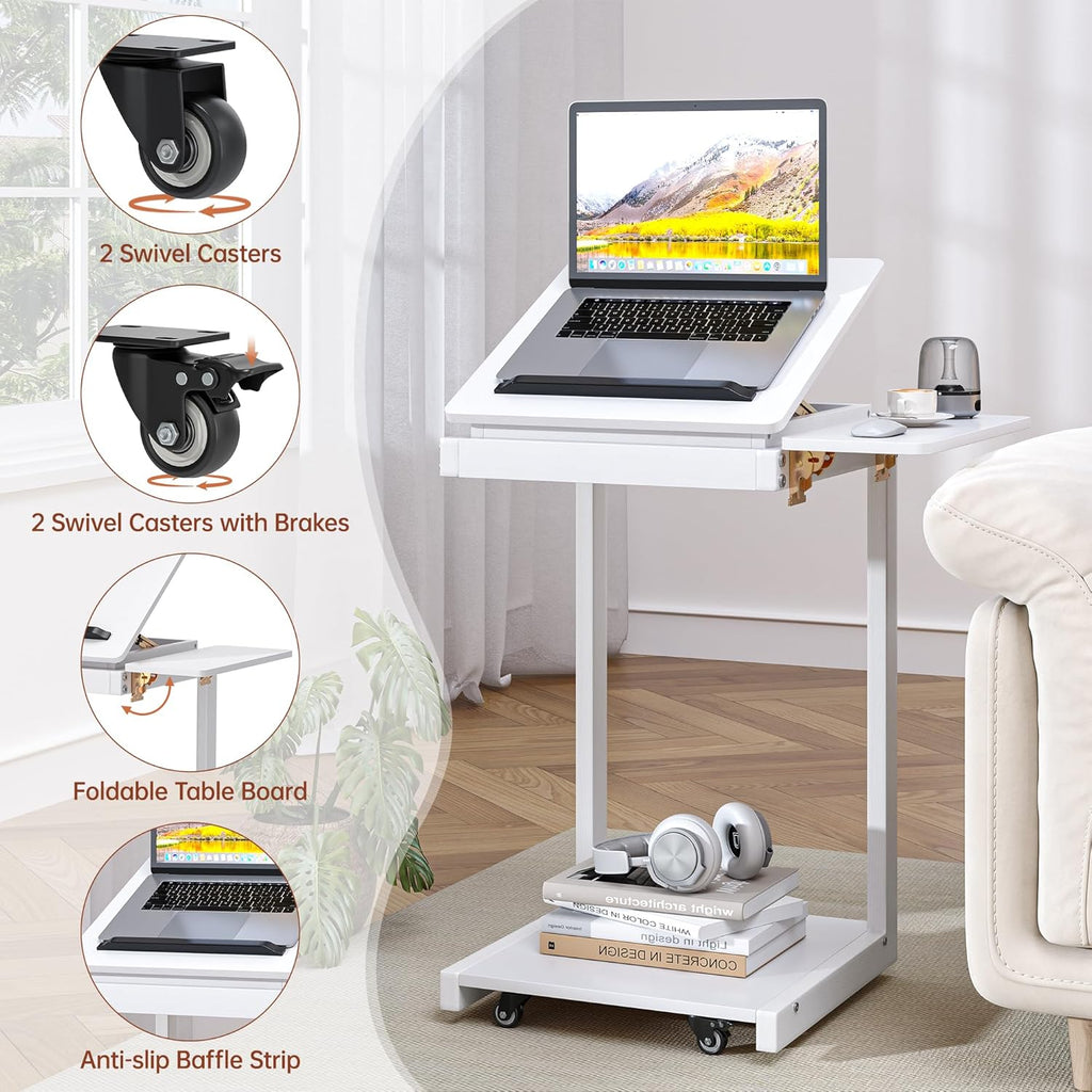 C Shaped End Table, Rolling Side Table with 4-Way Convertible Desktop, Wooden C Table with Multi-functional Folding Tray & Lockable Wheels, Side Table for Couch, Living Room, Bedroom, White