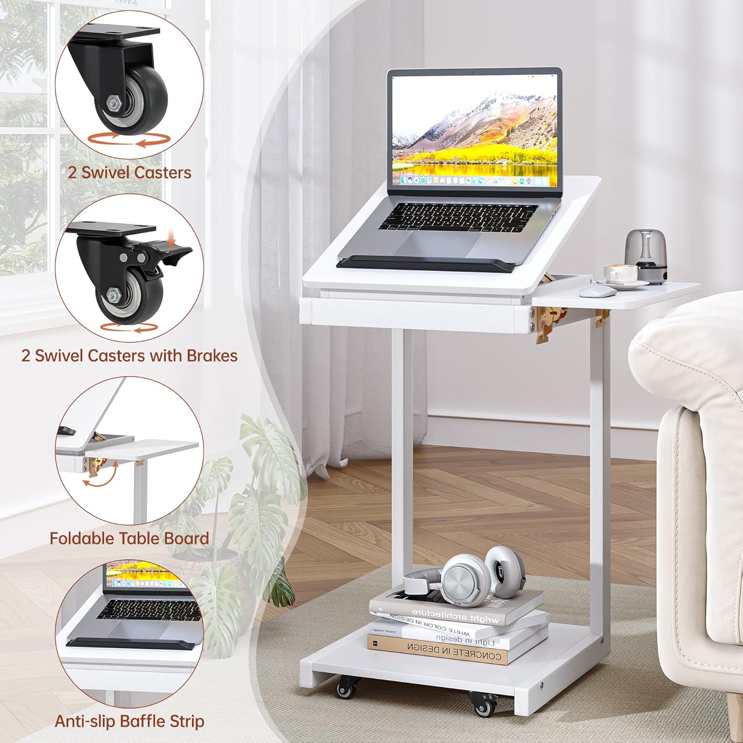 C Shaped End Table, Rolling Side Table with 4-Way Convertible Desktop, Wooden C Table with Multi-functional Folding Tray & Lockable Wheels, Side Table for Couch, Living Room, Bedroom, White