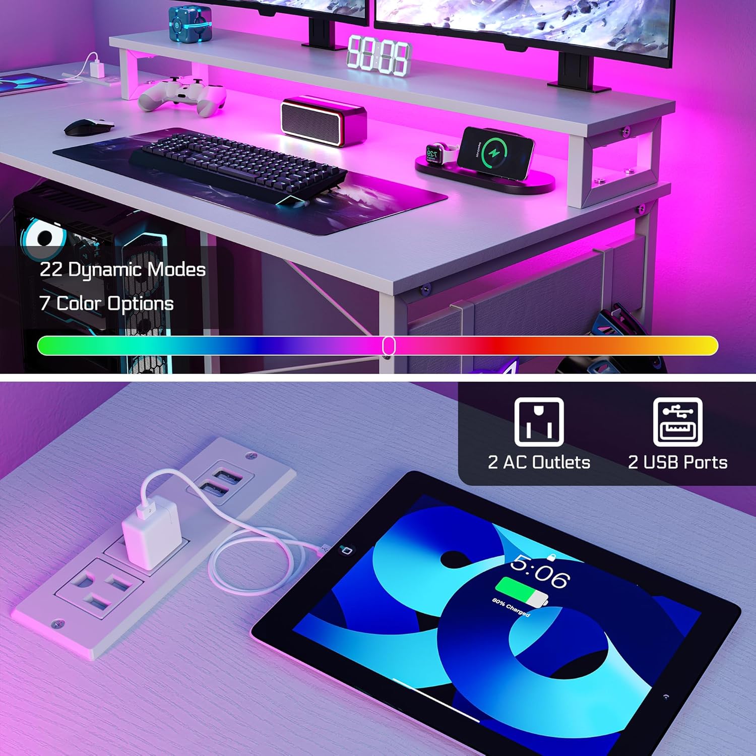 L Shaped Gaming Desk with 4 Drawers, 51" Reversible Computer Desk with Monitor Stand, Home Office Table with USB Port&LED Lights, L Shape Corner Office Desk with Open Shelves&Hooks, White