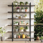 Heavy Duty 6-Tier Industrial Bookcase, 47" Wide Wood Bookshelf for Home Office, 120lbs Shelf Capacity, Rustic Open Shelving Display with Reinforced Horizontal Shelf for Living Room Bedroom, Grey