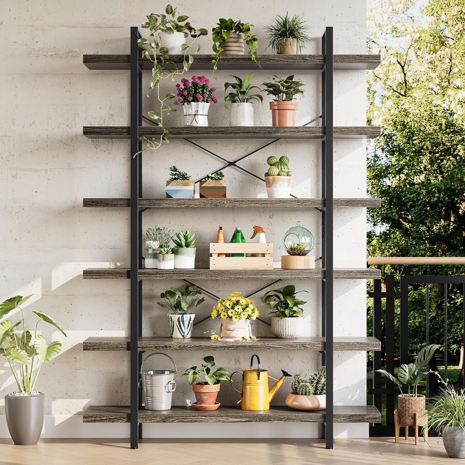 Heavy Duty 6-Tier Industrial Bookcase, 47" Wide Wood Bookshelf for Home Office, 120lbs Shelf Capacity, Rustic Open Shelving Display with Reinforced Horizontal Shelf for Living Room Bedroom, Grey