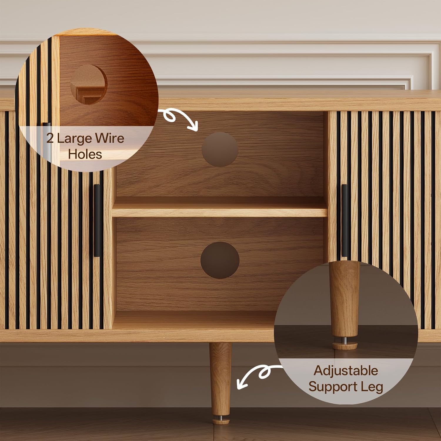 62" Fluted TV Stand, Mid Century Modern TV Stand for TVs up to 70", Entertainment Center with Storage, Sliding Doors, Adjustable Shelf, Wood Media Console for Living Room, Bedroom, Natural