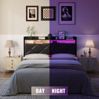 Headboard Queen Size with 2-Tier Open Storage and LED Light, Upholstered Headboard with Charging Station, Height Adjustable Sturdy Queen Bed Head Only for Dorm Bedroom, Easy Assembly, Black