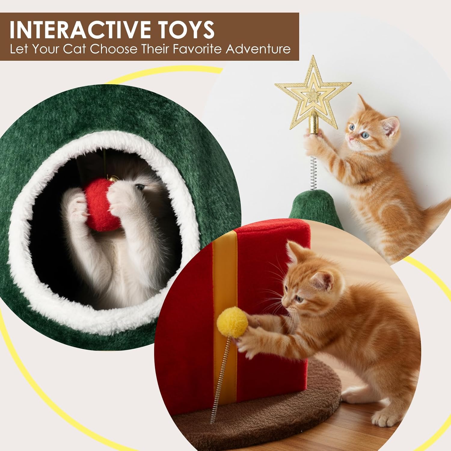 60" Christmas Cat Tree with 3 Cat Houses, Cat Furniture with Interactive Toy for Christmas Decoration (Large)