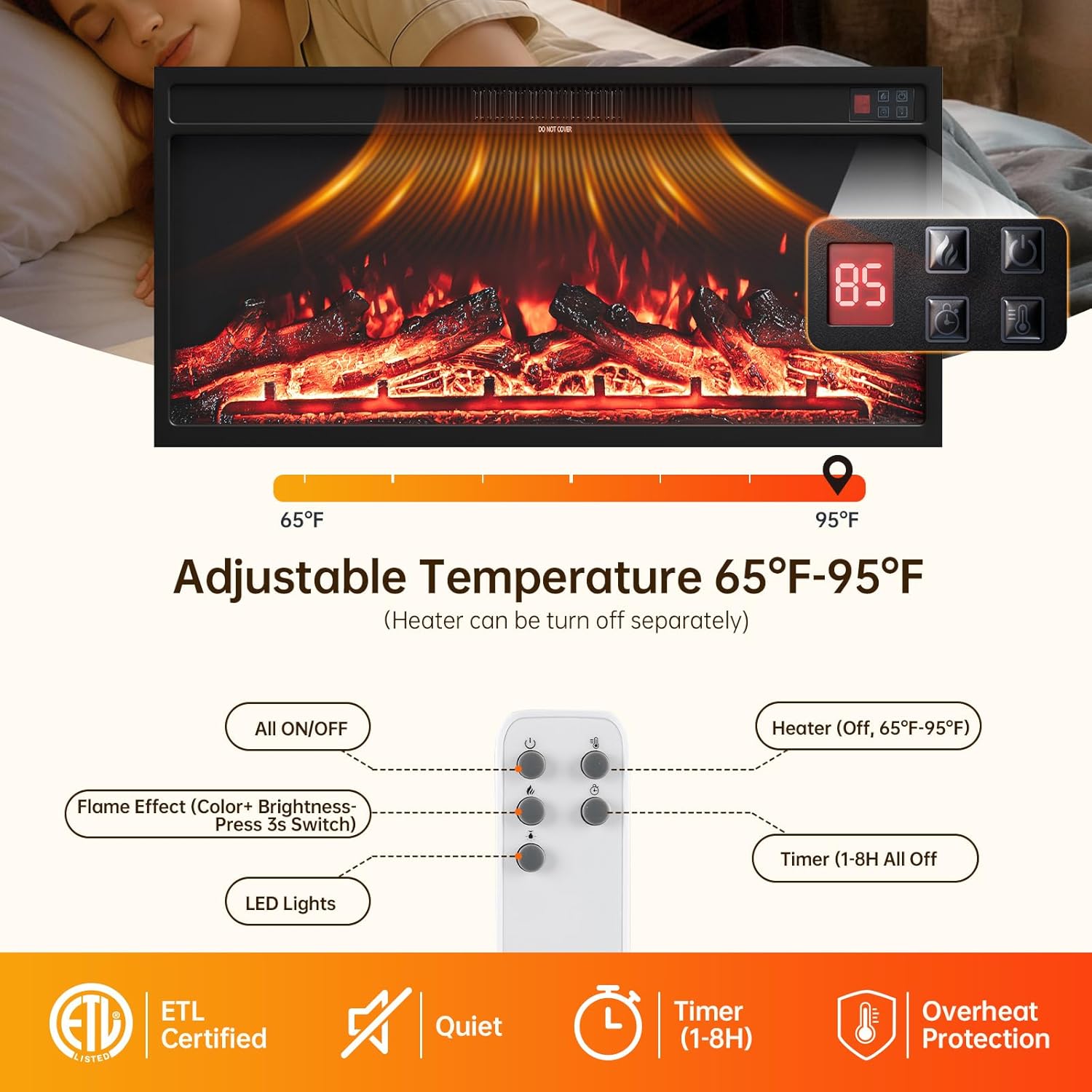 70 inch Fireplace TV Stand for Living Room, Electric Fireplace TV Stand with 12 Colors of 3D Flame & Heating, Entertainment Center with Storage Cabinet (Brown, Rustic Sliding)