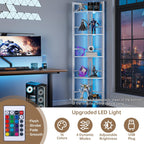 5-Tier Corner Shelf Stand with LED Light, 70 Inch Tall Display Shelf for Living Room, Bedroom, Bookshelf, Industrial Shelf with Steel Frame, Plant Shelf (White)