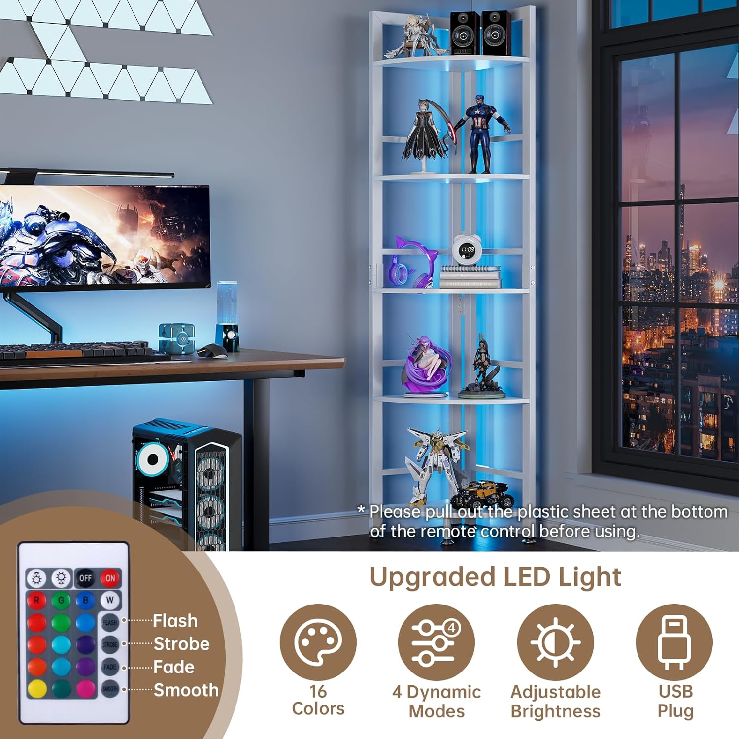 5-Tier Corner Shelf Stand with LED Light, 70 Inch Tall Display Shelf for Living Room, Bedroom, Bookshelf, Industrial Shelf with Steel Frame, Plant Shelf (White)