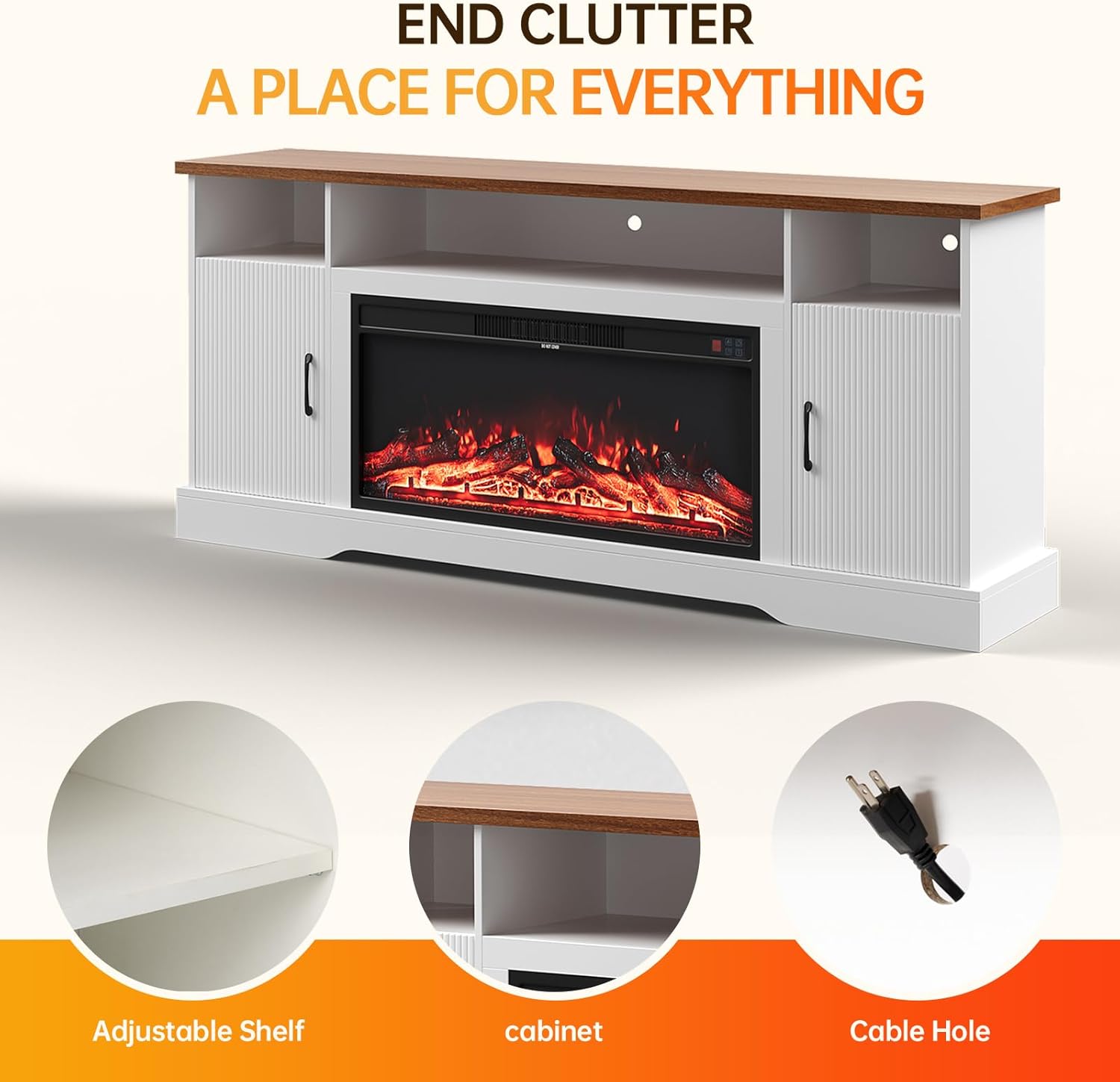 70 inch Fireplace TV Stand for Living Room, Electric Fireplace TV Stand with 12 Colors of 3D Flame & Heating, Entertainment Center with Storage Cabinet (White, Wavecrest)