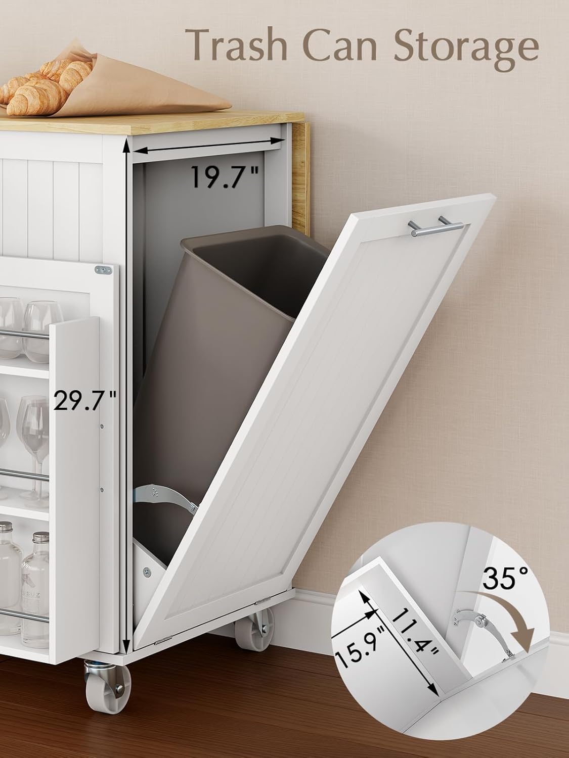 Kitchen Island with Storage, 31.5" D Rolling Kitchen Island Cart on Wheels with Widen Drop Leaf Rubberwood Top, Large Mobile Kitchen Islands with Trash Can Storage and Towel Bar, White