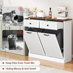 Double Tilt Out Trash Can Cabinet 20 Gallon Large Wooden, Free Standing Laundry Sorter with 2 Hideaway Drawer, 2 Doors Recycling Trash Can Storage for Kitchen (White, 20 Gallon)
