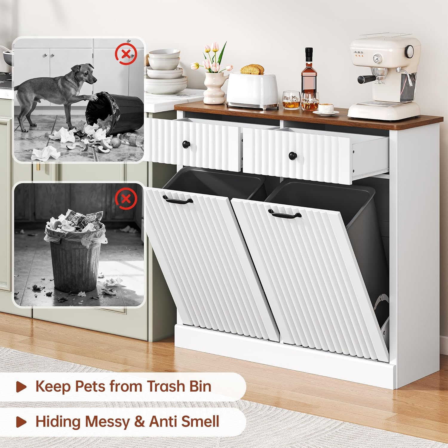 Double Tilt Out Trash Can Cabinet 20 Gallon Large Wooden, Free Standing Laundry Sorter with 2 Hideaway Drawer, 2 Doors Recycling Trash Can Storage for Kitchen (White, 20 Gallon)