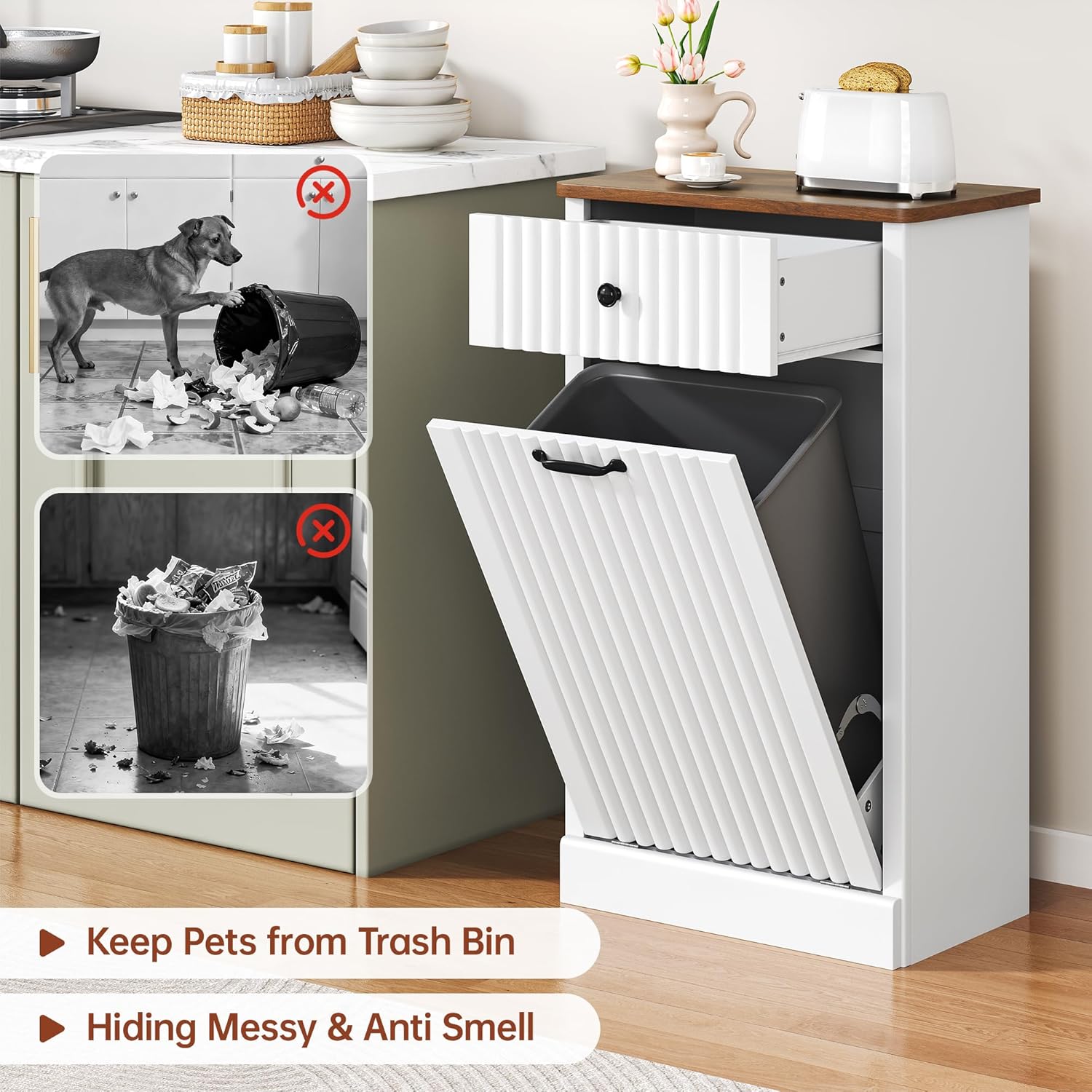 Tilt Out Trash Can Cabinet 10 Gallon, Wooden Laundry Hamper with Hideaway Drawer, Recycling Trash Can Storage for Kitchen Laundry Living Room (White, 10 Gallon)