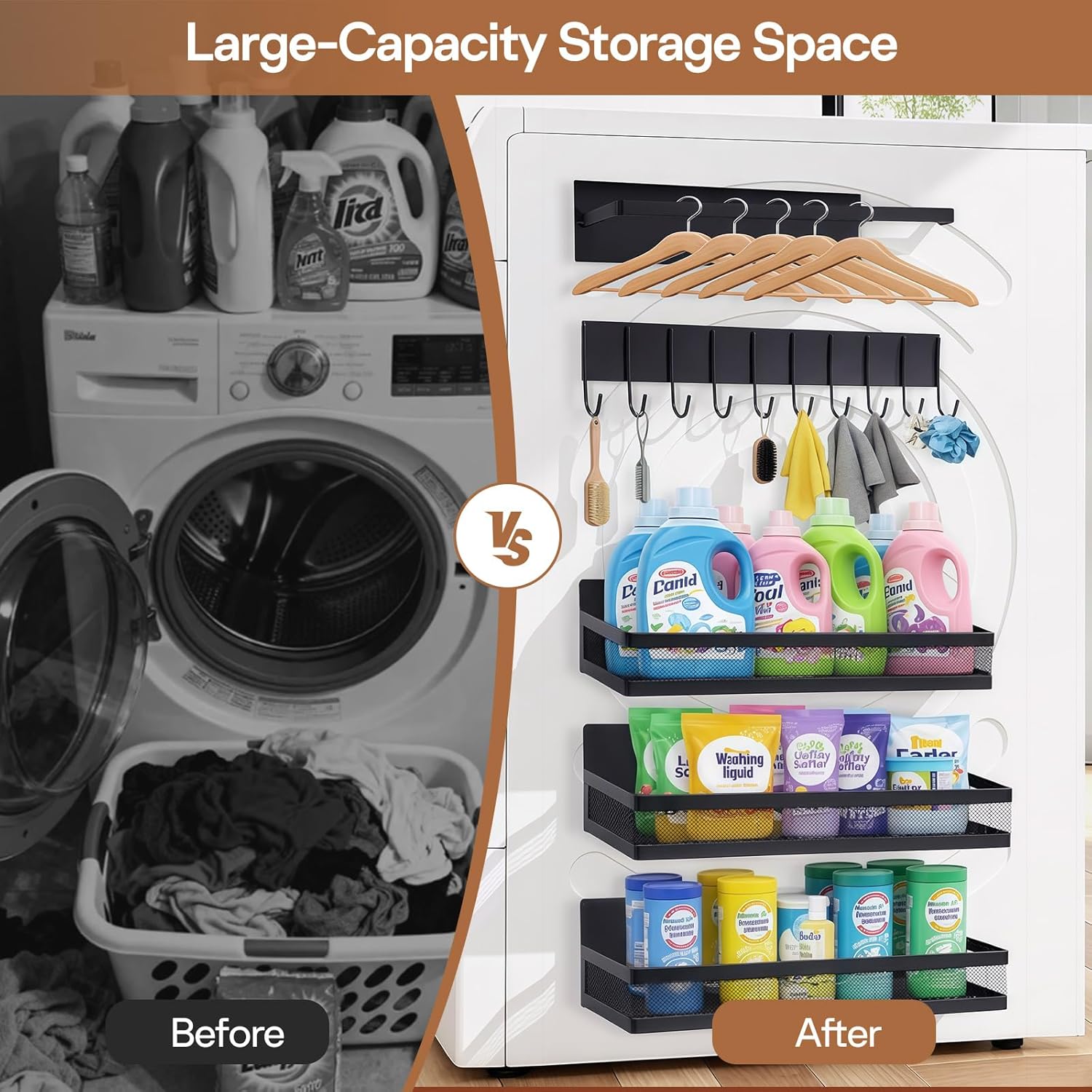 5 Pack Magnetic Shelves for Fridge and Washing Machine, Magnetic Laundry Organizer, Magnetic Spice Rack for Refrigerator with Versatile Hooks, Paper Towel Holder and Metal Storage Baskets