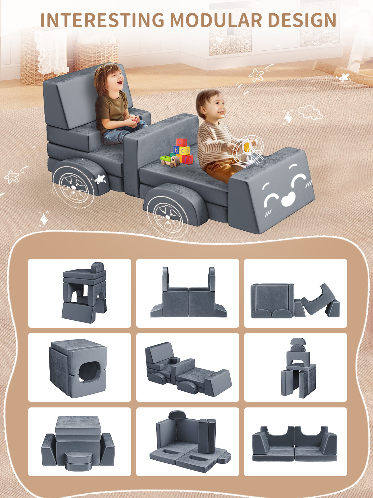 Modular Kids Play Couch, 10PCS Nugget Couch Kids for Boys and Girls, Child Sectional Sofa Versatile Kid Sofa for Playroom, Bedroom, Classroom, Grey