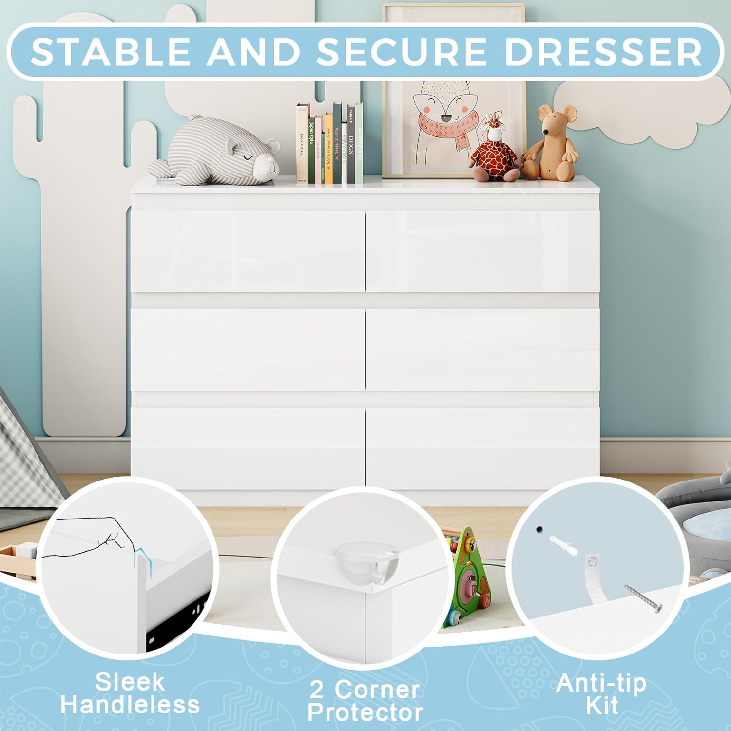 White Wood Dresser, 6 Drawer Dressers for Clothes Storage for Bedroom, Modern Dresser with Wide Drawers, Wide Wooden Chest Drawers for Living Room, Entryway, TV Stand(47" W x15.4 Dx32.3 H)