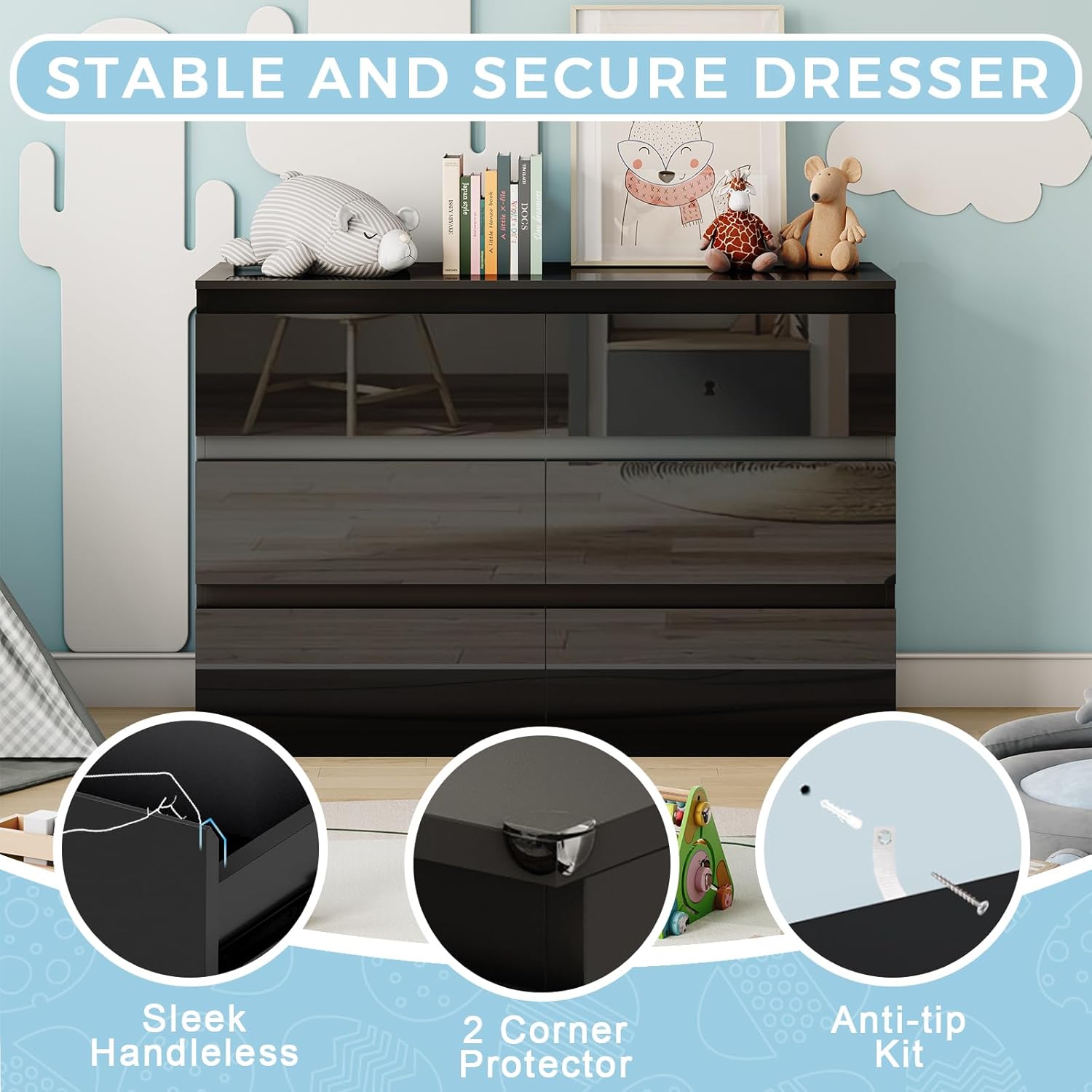 Black Wood Dresser for Bedroom, 6 Drawer Dressers for Clothes Storage, Modern Dresser with Wide Drawers, Wide Wooden Chest Drawers for Living Room, Entryway, TV Stand(47" W x15.4 Dx32.3 H)