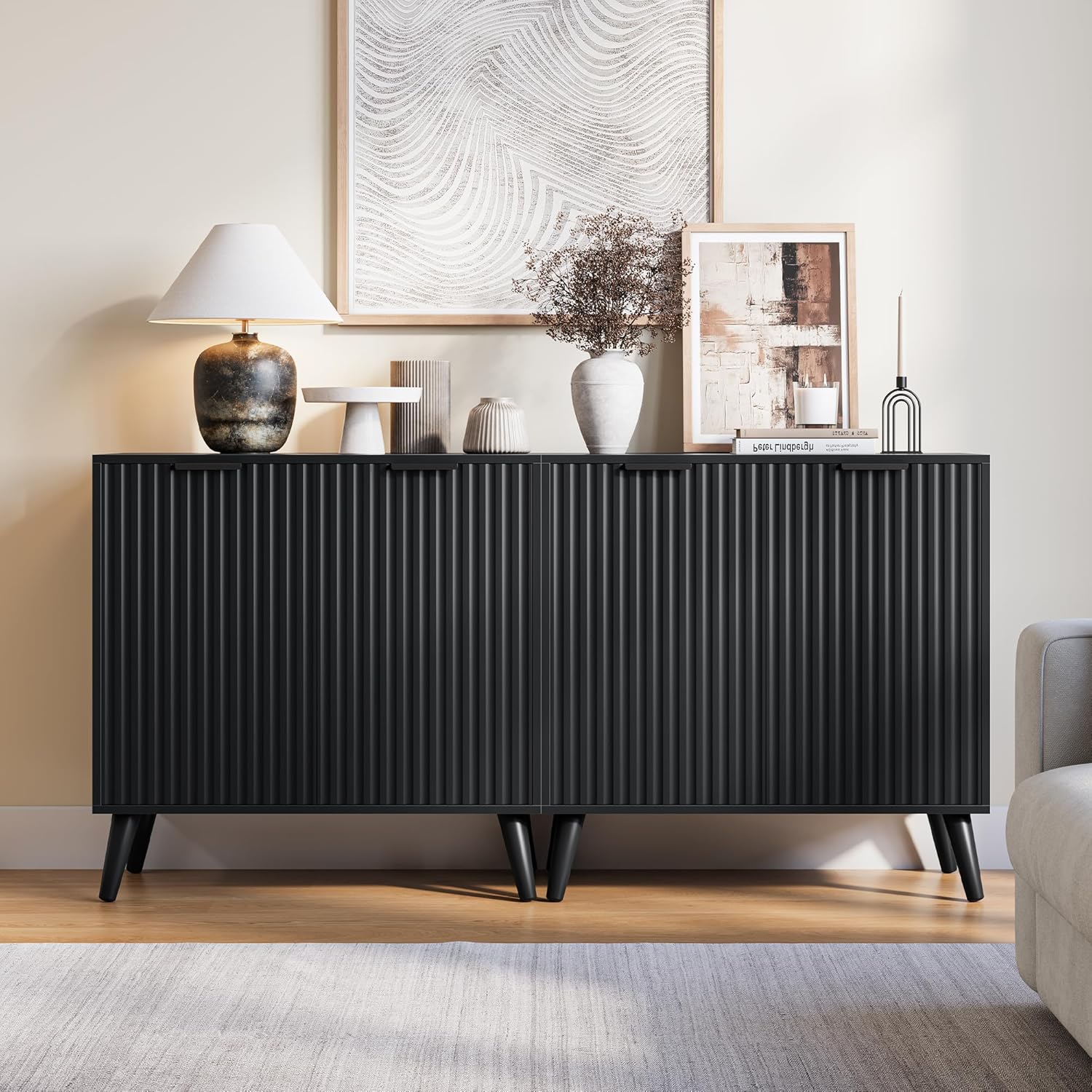 Fluted Sideboard Buffet Cabinet with Storage, Modern Sideboard Cabinet for Dining Room, Accent Credenza with Adjustable Shelves 2 Doors Storage Cabinets for Living Room|Kitchen, Black