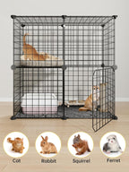 2 Tier Kitten Cage with Climbing Ladder, Sturdy and Stable Metal Wire Cat Enclosure for Indoor Cats, DIY Crate for Ferret, Squirrel and Small Animals, Black