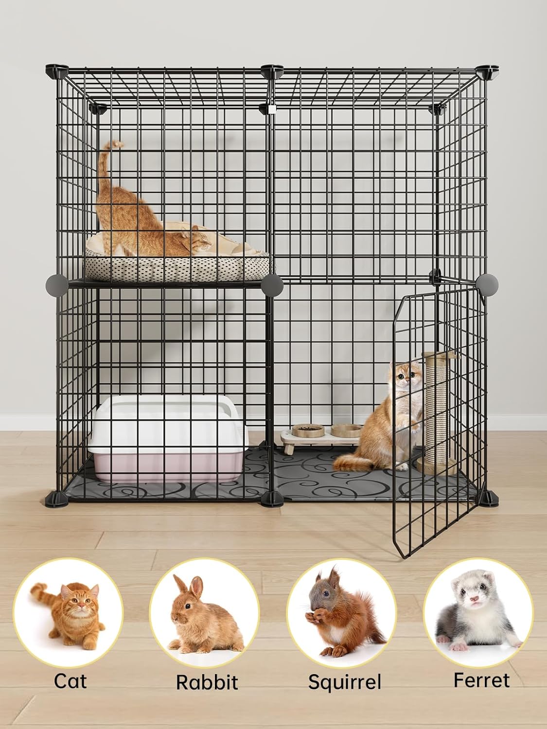 2 Tier Kitten Cage with Climbing Ladder, Sturdy and Stable Metal Wire Cat Enclosure for Indoor Cats, DIY Crate for Ferret, Squirrel and Small Animals, Black