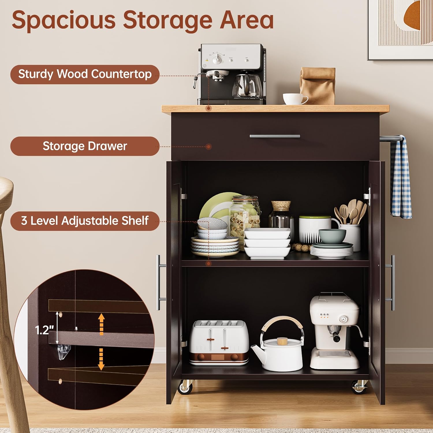 Kitchen Island Cart with Storage, Small Kitchen Island on Wheels with Large Drawer, Adjustable Shelf & Towel Rack, Rolling Island Table for Kitchen & Dining Room, Dark Coffee