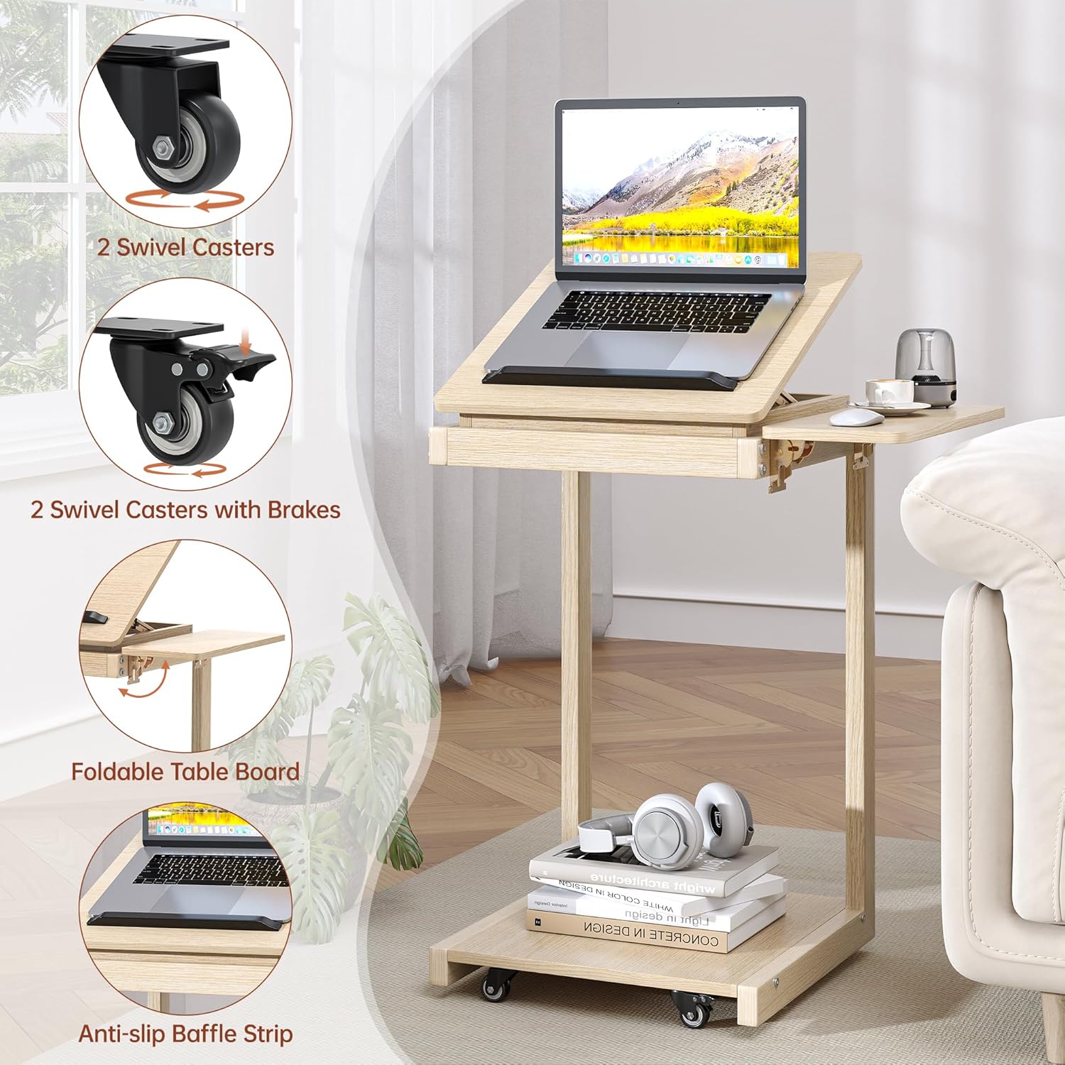 C Shaped End Table, Rolling Side Table with 4-Way Convertible Desktop, Wooden C Table with Multi-Functional Folding Tray & Small Chair, Living Room, Bedroom, White Oak
