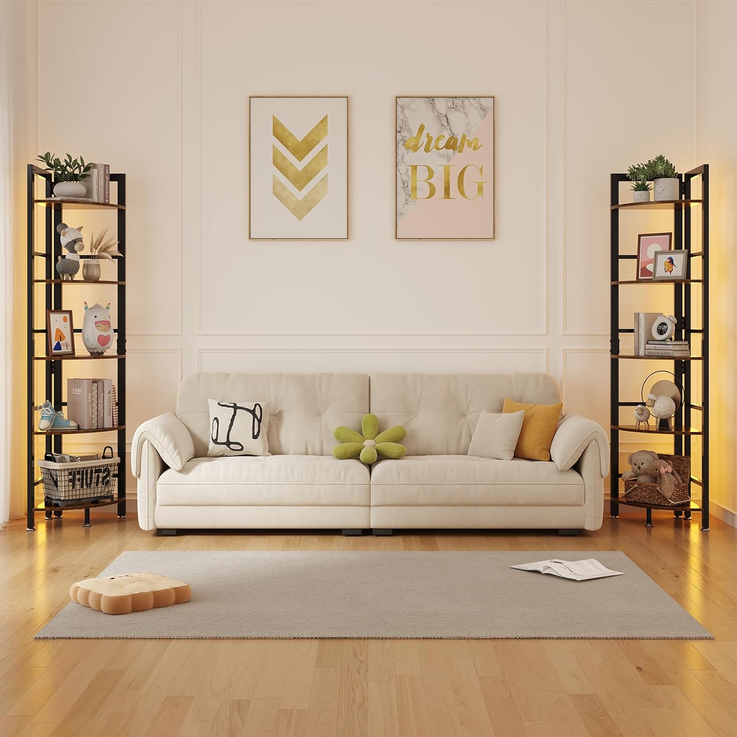 5-Tier Corner Shelf Stand with LED Light, 70 Inch Tall Display Shelf for Living Room, Bedroom, Bookshelf, Industrial Shelf with Steel Frame, Plant Shelf (Brown)