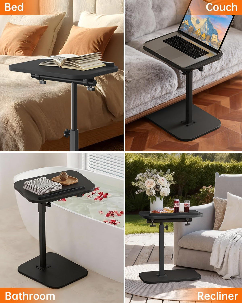 C Shaped End Table with Adjustable Height & 360° Swivel Top, Side Table & TV Tray Table for Living Room, Bedroom, Small Spaces, Black