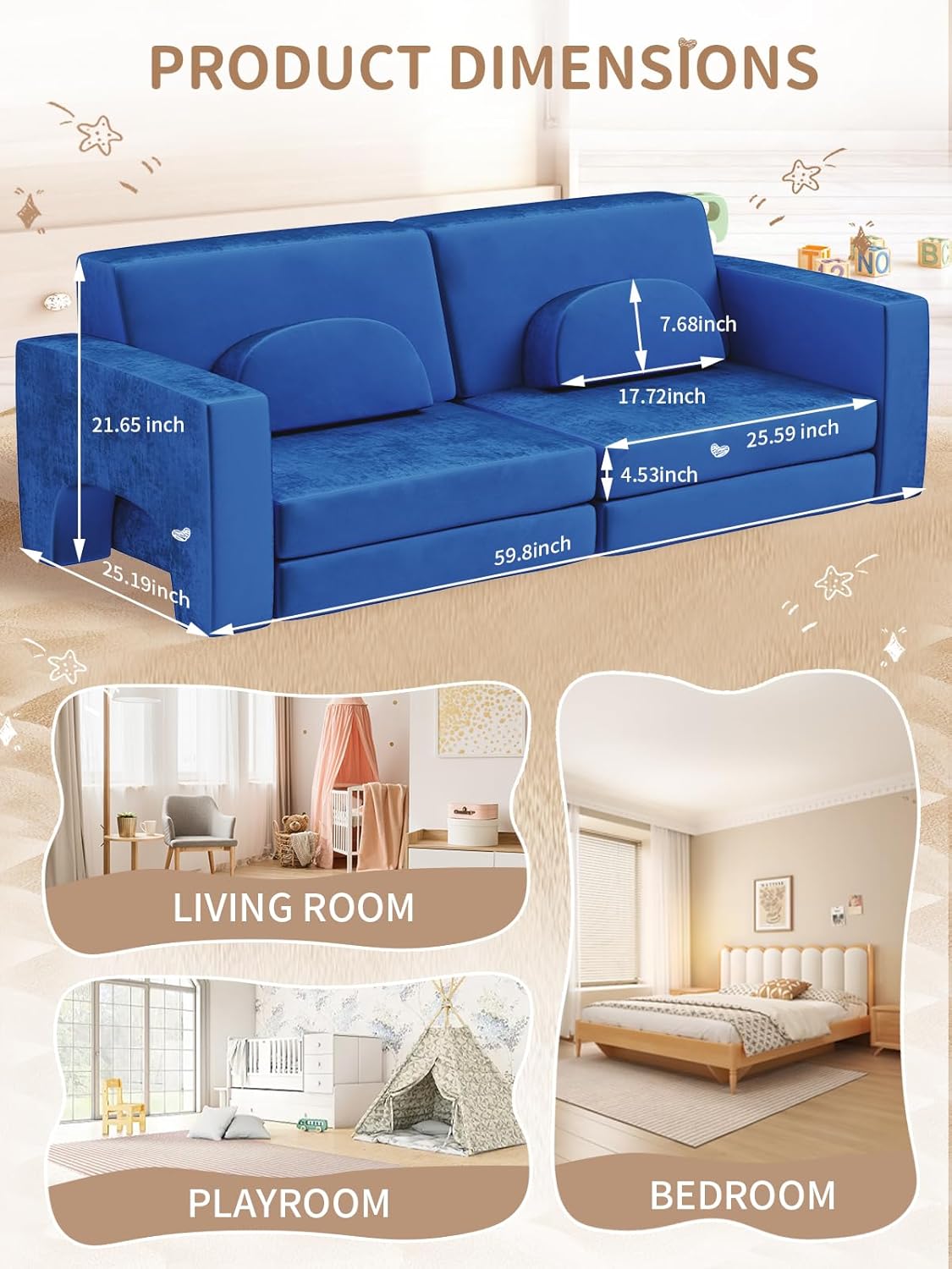 Modular Kids Play Couch, 10PCS Nugget Couch Kids for Boys and Girls, Child Sectional Sofa Versatile Kid Sofa for Playroom, Bedroom, Classroom, Navy Blue