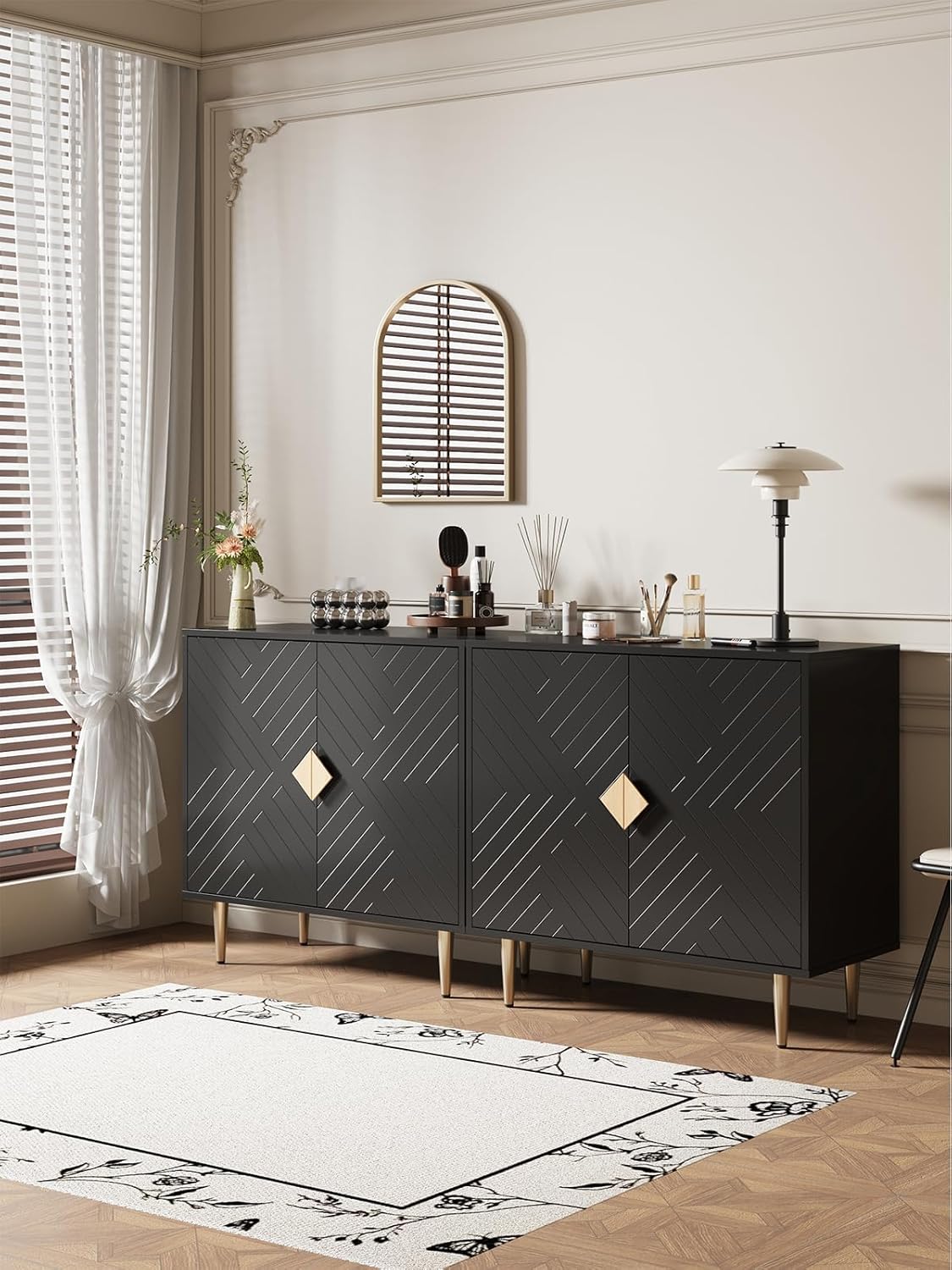 Sideboard Cabinet, 63'' Modern Buffet Cabinet with Storage Set of 2, Credenza with 4 Doors and Adjustable Shelves, Sideboard for Living Room, Kitchen and Entryway, Black