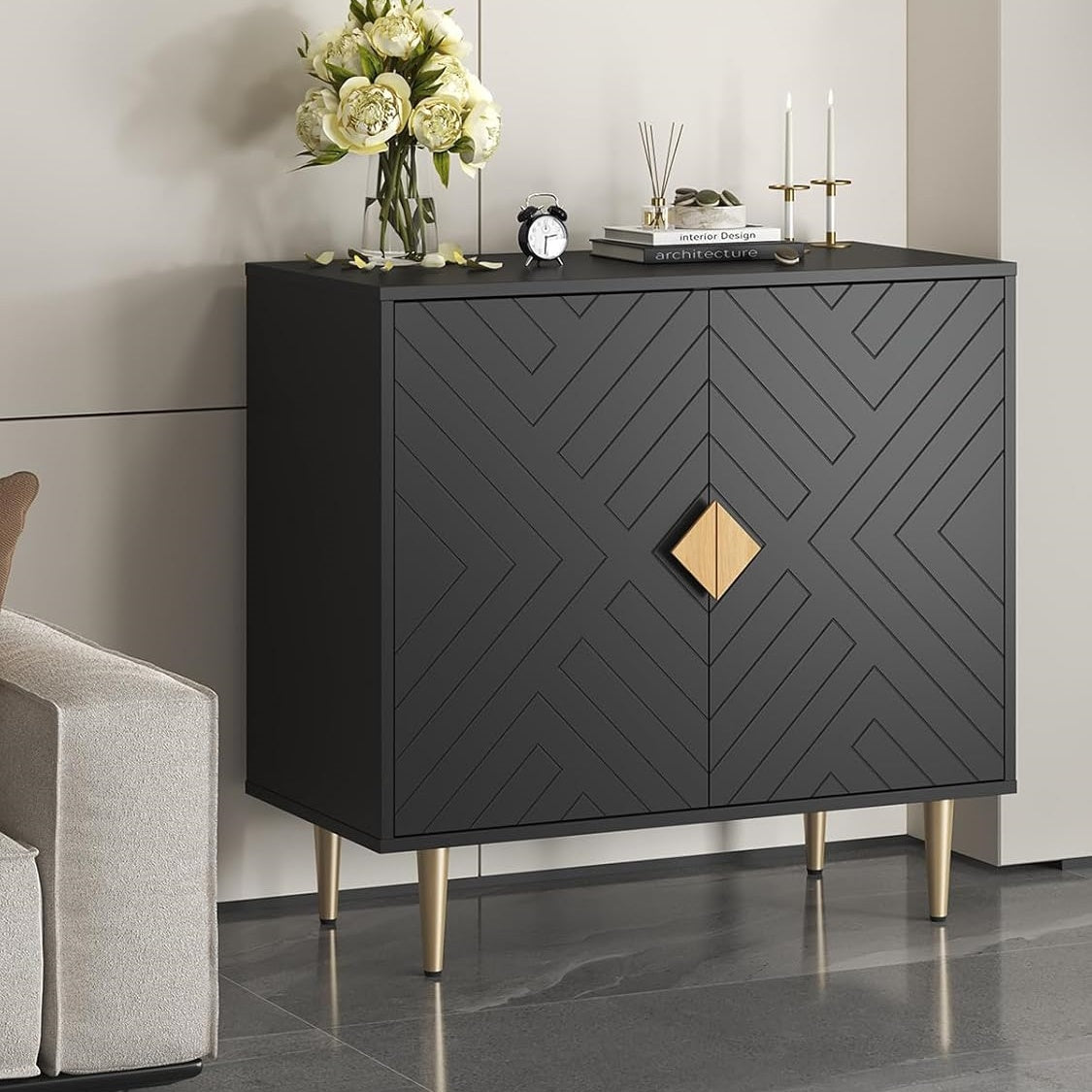 Buffet Cabinet with Storage, 31.5'' Modern Sideboard Cabinet with 2 Doors and Adjustable Shelf, Credenza Buffet Table for Living Room, Kitchen and Entryway, Black