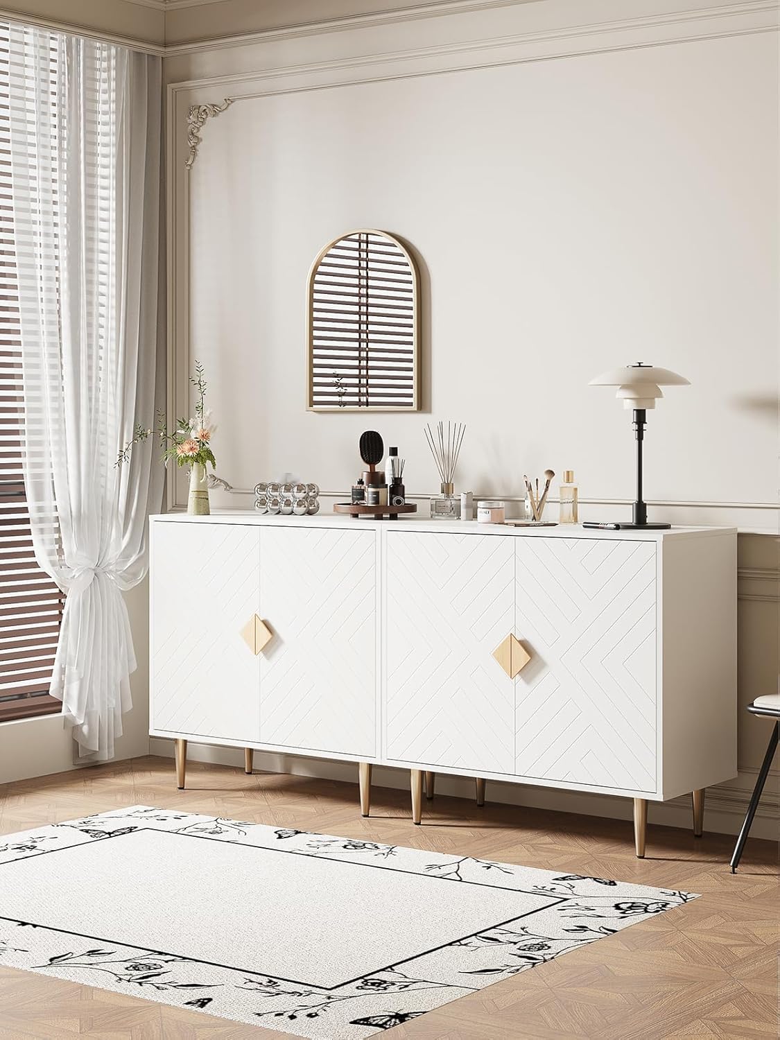 Buffet Cabinet with Storage, 63'' Modern Sideboard Cabinet Set of 2 with 4 Doors and Adjustable Shelves, Credenza Buffet Table for Living Room, Kitchen and Entryway, White