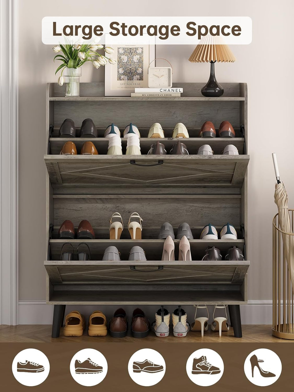Shoe Storage Cabinet with 2 Flip Drawers, Farmhouse Narrow Shoe Cabinet for Entryway, Slim Shoe Organizer Cabinet with Wood Legs, Washed Gray