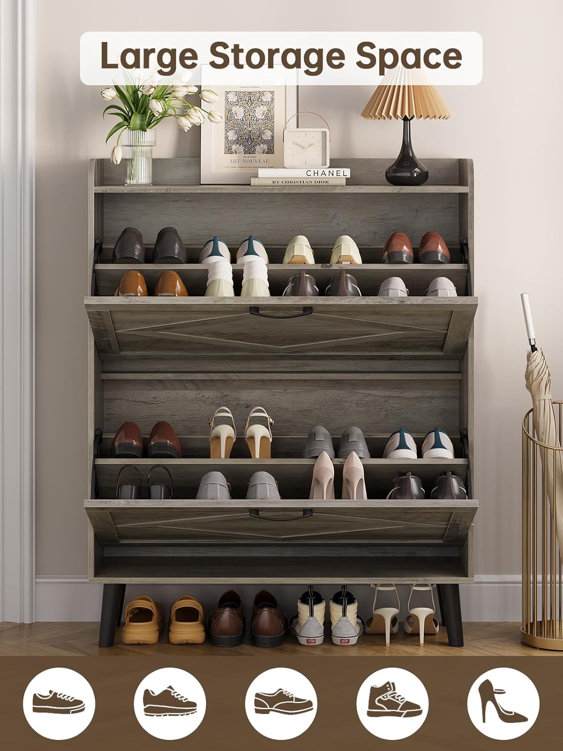 Shoe Storage Cabinet with 2 Flip Drawers, Farmhouse Narrow Shoe Cabinet for Entryway, Slim Shoe Organizer Cabinet with Wood Legs, Washed Gray