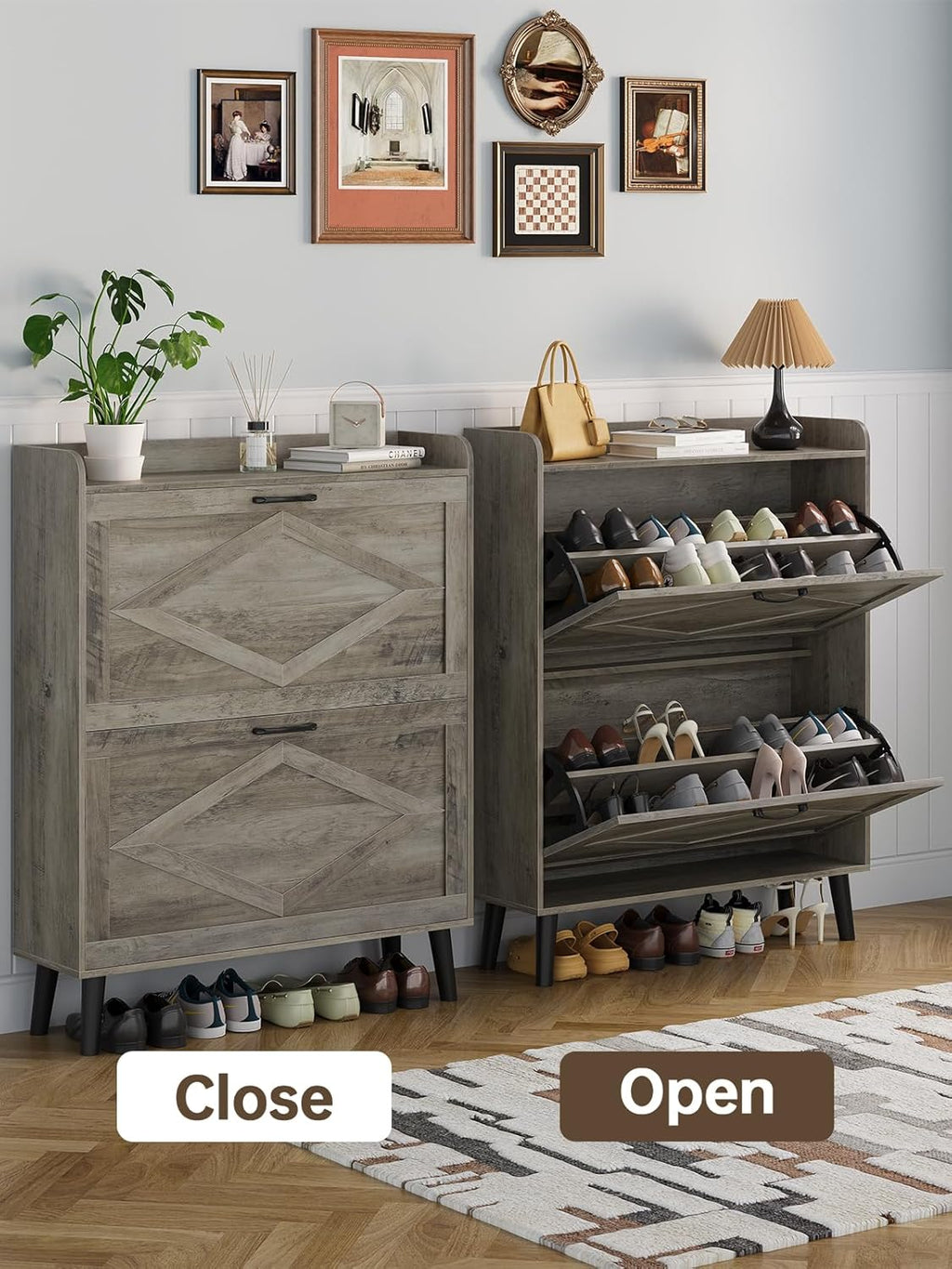 Shoe Storage Cabinet with 2 Flip Drawers, Farmhouse Narrow Shoe Cabinet for Entryway, Slim Shoe Organizer Cabinet with Wood Legs, Washed Gray