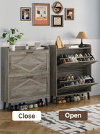 Shoe Storage Cabinet with 2 Flip Drawers, Farmhouse Narrow Shoe Cabinet for Entryway, Slim Shoe Organizer Cabinet with Wood Legs, Washed Gray