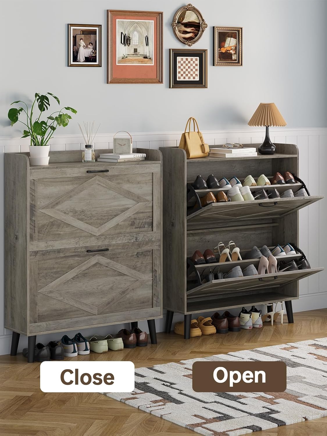 Shoe Storage Cabinet with 2 Flip Drawers, Farmhouse Narrow Shoe Cabinet for Entryway, Slim Shoe Organizer Cabinet with Wood Legs, Washed Gray