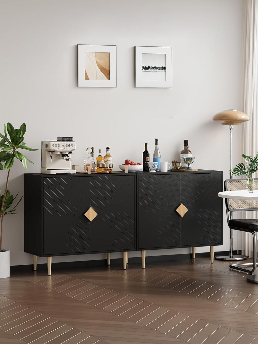 Sideboard Cabinet, 63'' Modern Buffet Cabinet with Storage Set of 2, Credenza with 4 Doors and Adjustable Shelves, Sideboard for Living Room, Kitchen and Entryway, Black