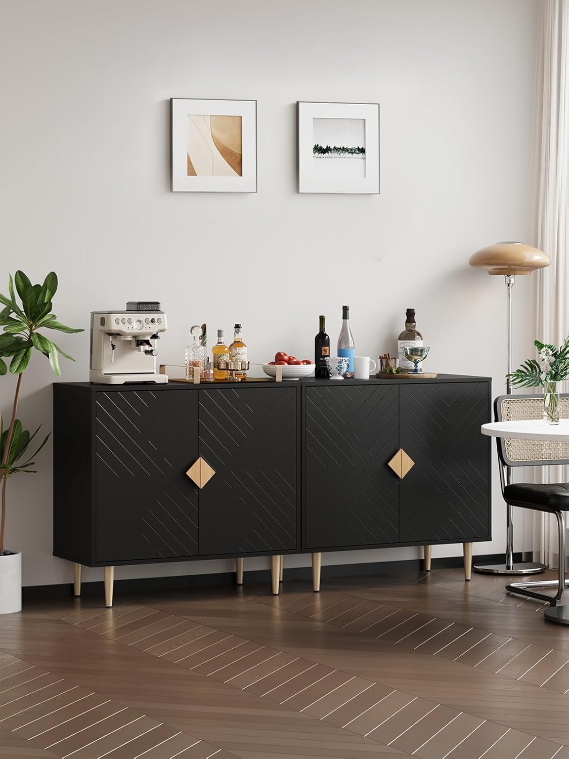 Sideboard Cabinet, 63'' Modern Buffet Cabinet with Storage Set of 2, Credenza with 4 Doors and Adjustable Shelves, Sideboard for Living Room, Kitchen and Entryway, Black
